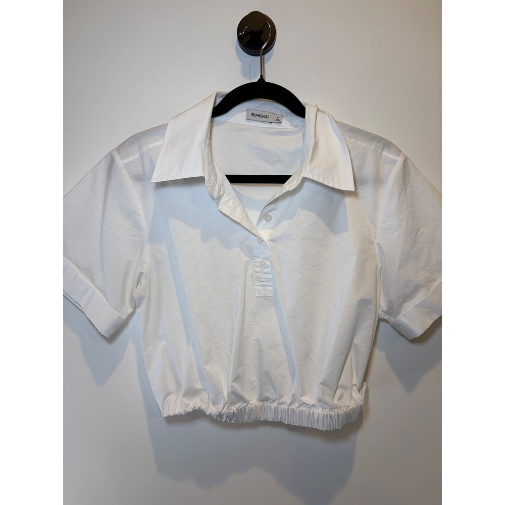 SIMKHAI White Cotton Blend Short Sleeve Elastic Hem Crop Polo Blouse Top Size M - Picture 2 of 8